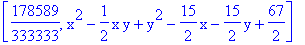[178589/333333, x^2-1/2*x*y+y^2-15/2*x-15/2*y+67/2]